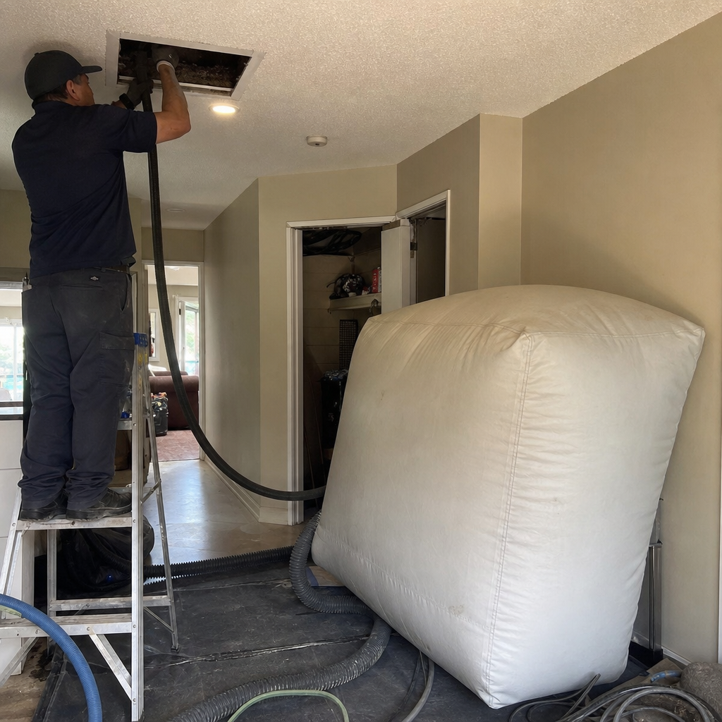 Professional technician performing residential air duct cleaning with vacuum equipment