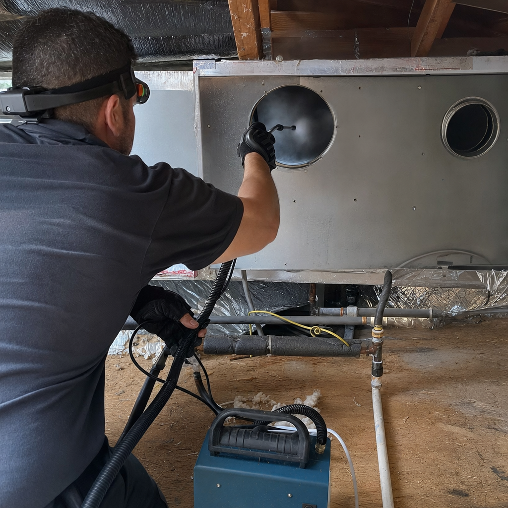 Technician performing professional HVAC air duct cleaning and sanitization services