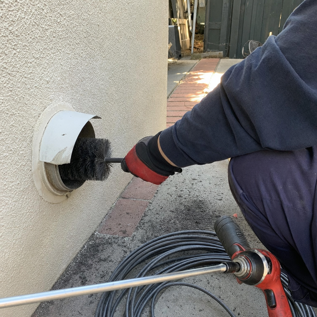 Professional technician performing dryer vent cleaning with a rotating brush tool