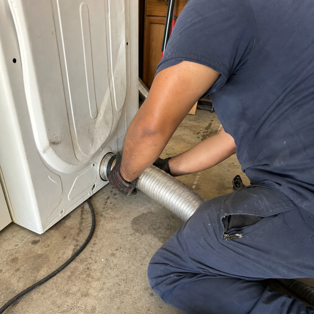 Technician connecting a flexible dryer vent hose to a clothes dryer