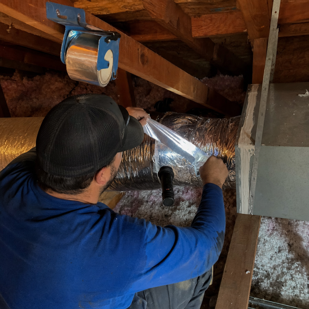 HVAC technician performing professional air duct repair and sealing in attic