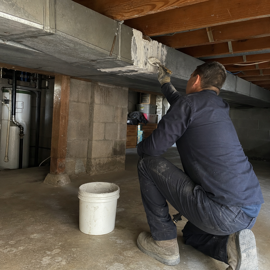 Technician performing professional HVAC air duct repair and sealing in a basement.