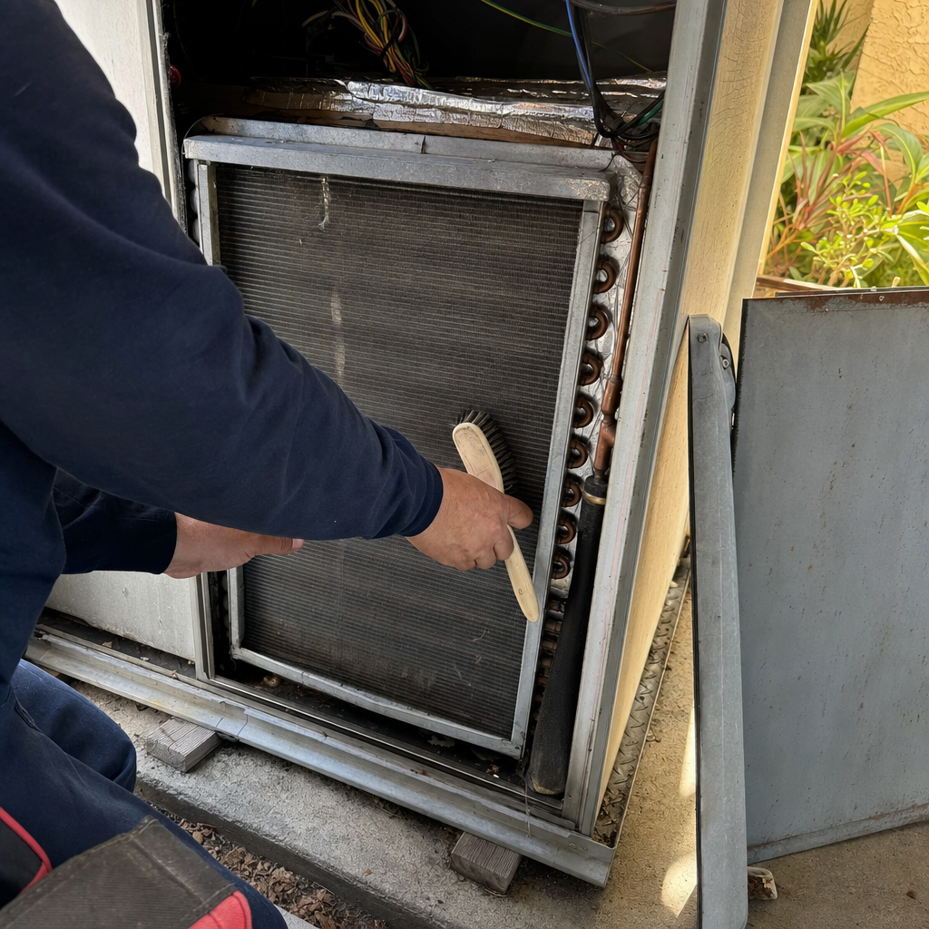 Technician performing professional HVAC coil cleaning and maintenance