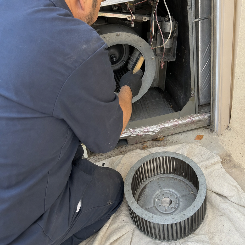 Technician performing professional HVAC blower motor and air duct cleaning service