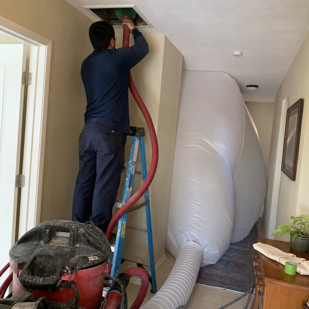 Professional technician performing residential air duct cleaning service with industrial equipment