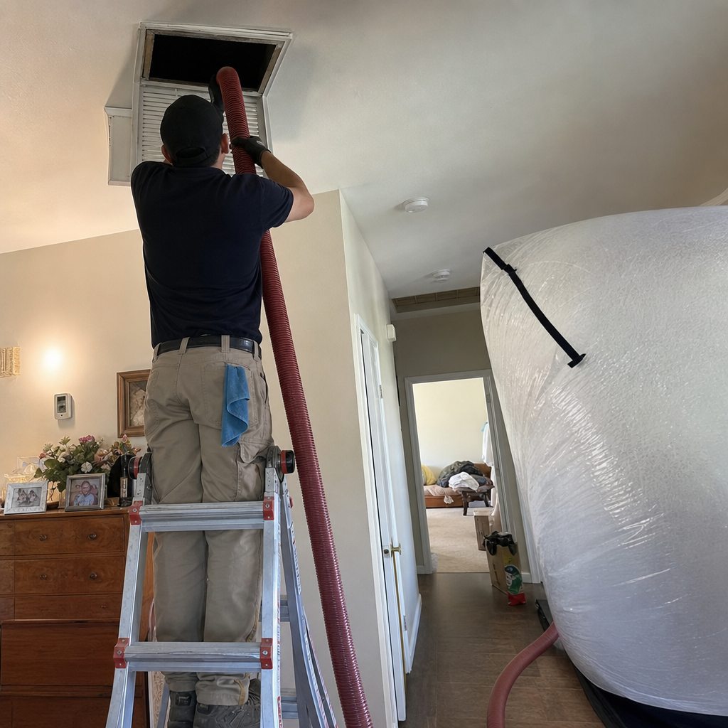 Professional technician performing residential air duct cleaning service with industrial vacuum equipment