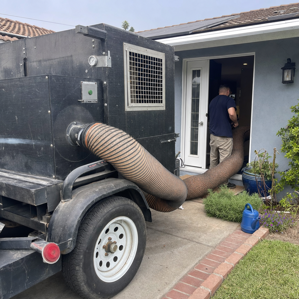 Technician using professional air duct cleaning equipment at a residential home