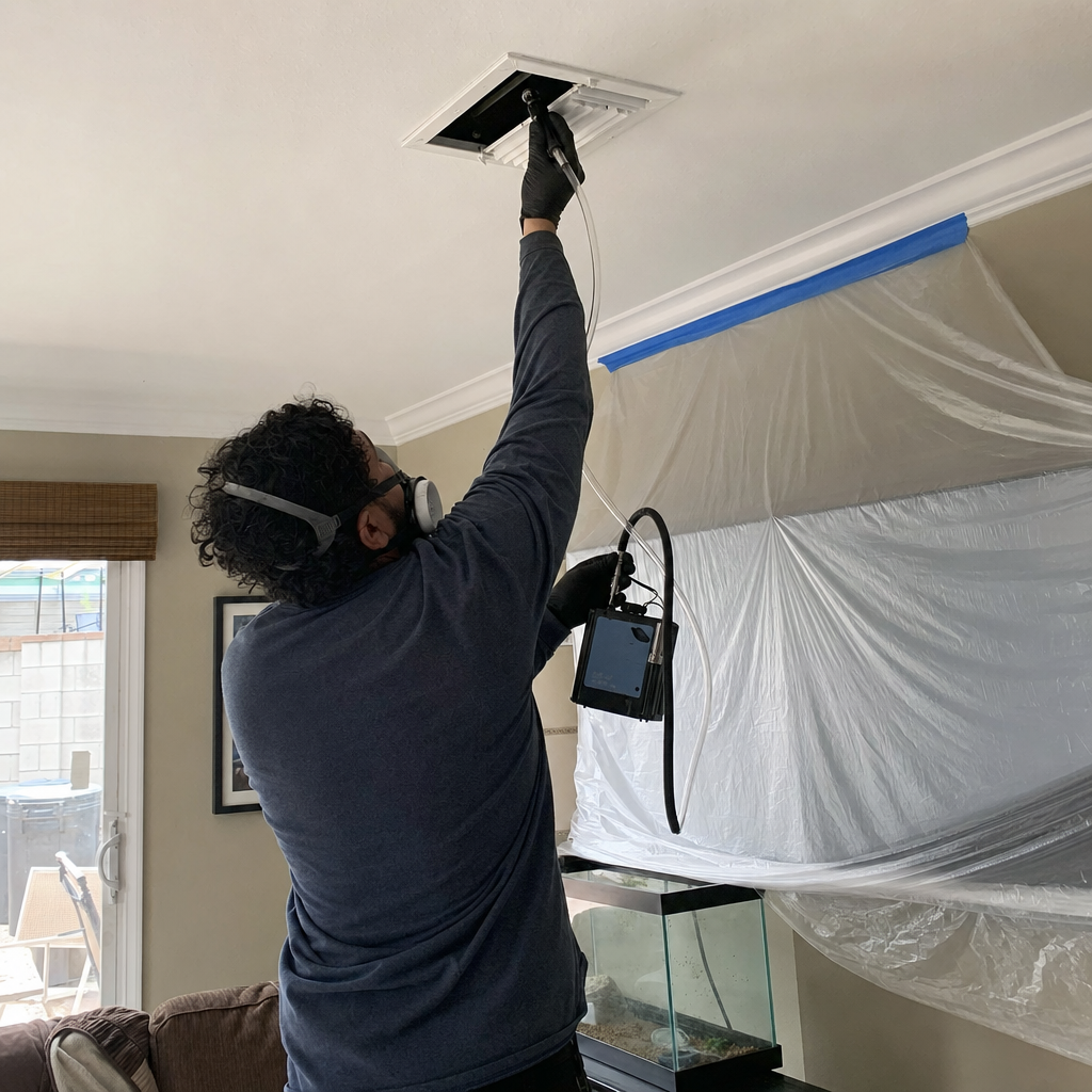 professional technician performing air duct sanitizing and quality improvement in Riverside, CA