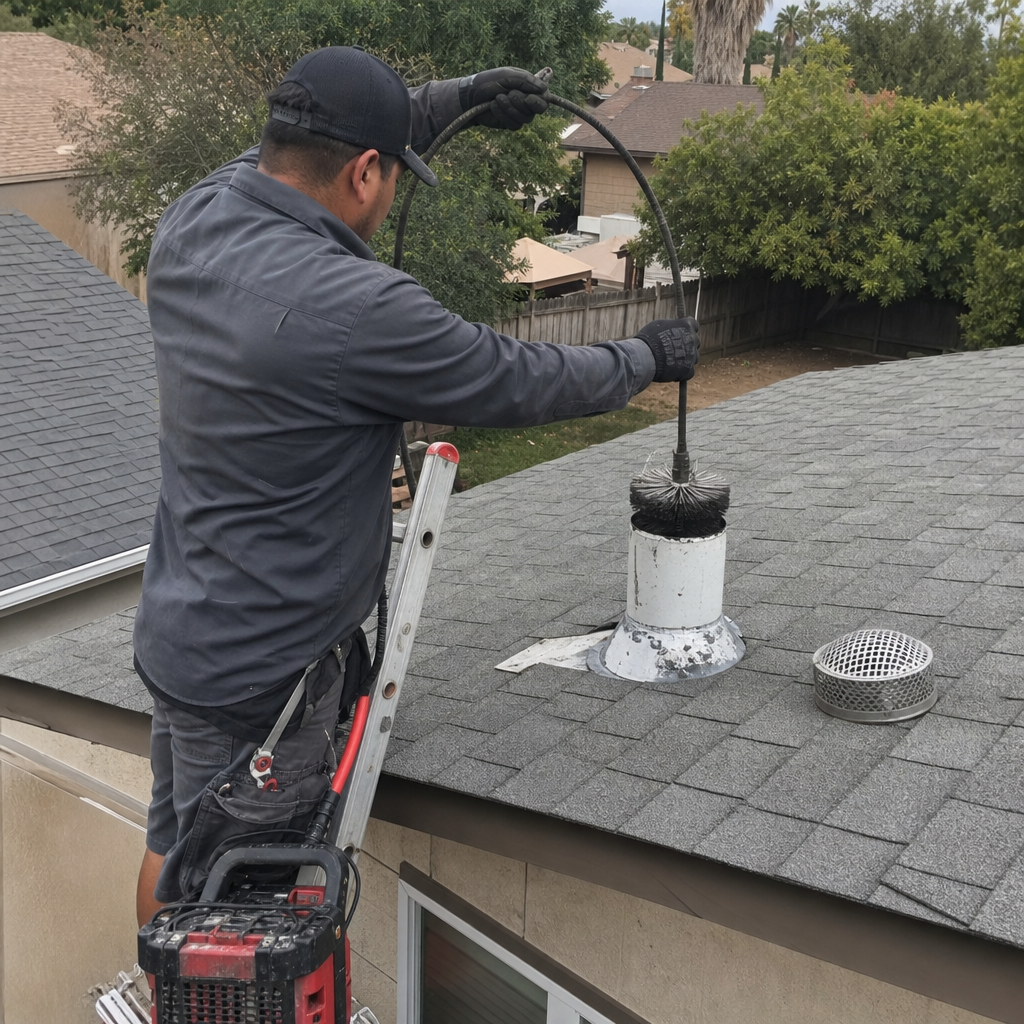 Technician performing professional dryer vent cleaning on a residential roof