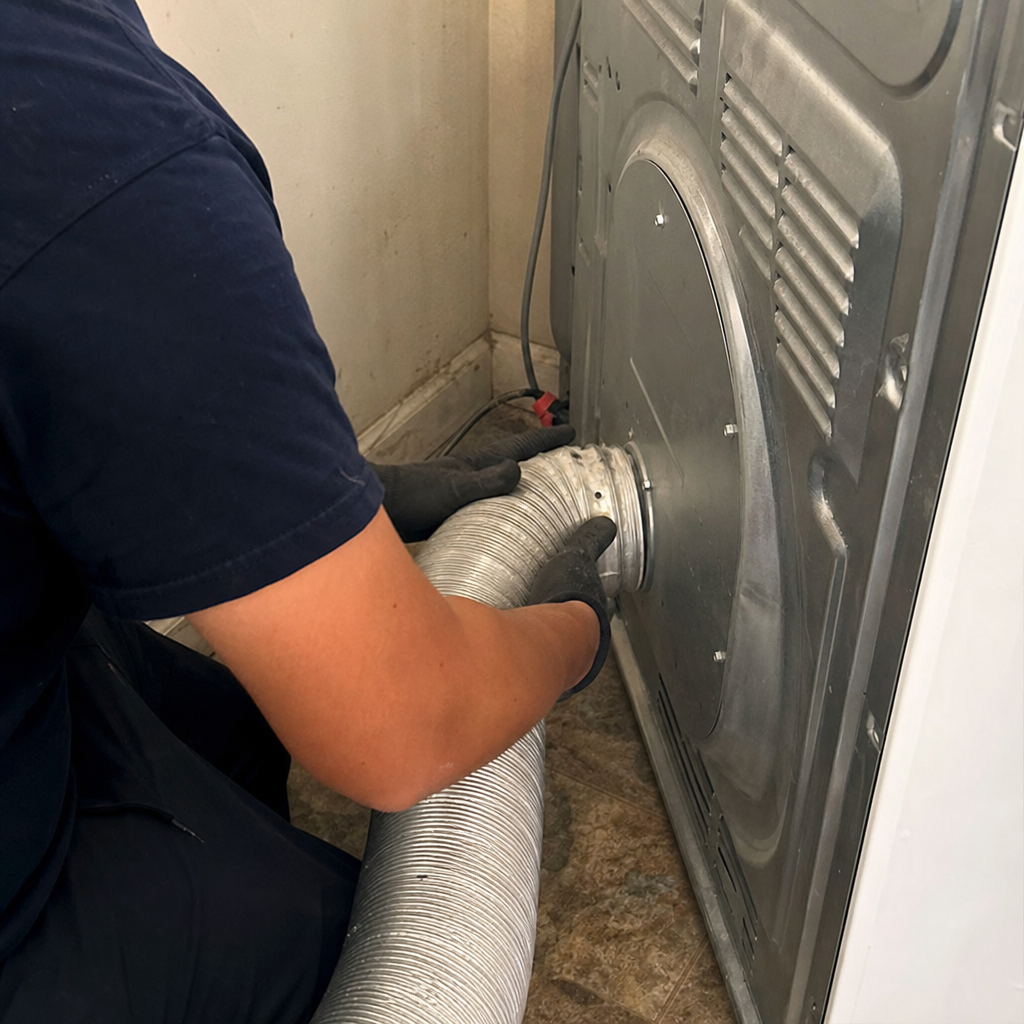 Technician performing professional dryer vent cleaning service