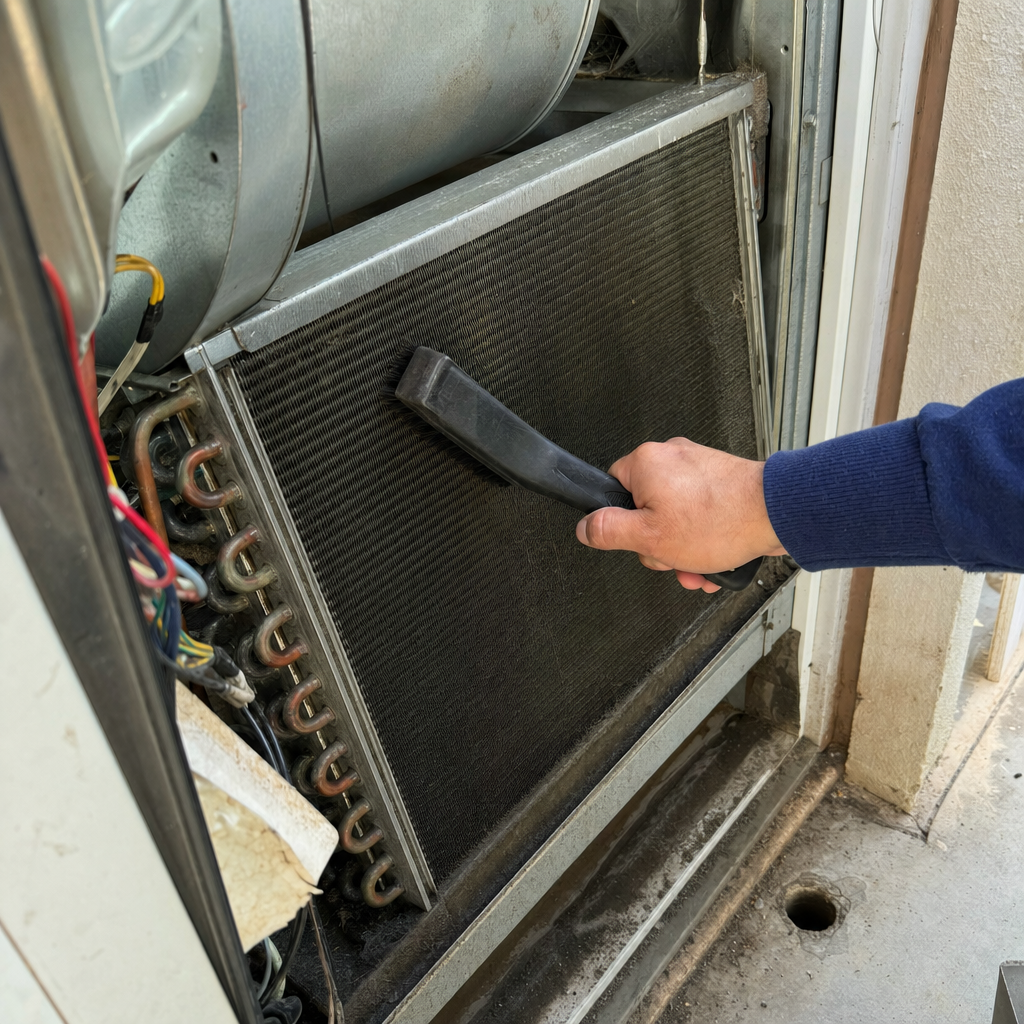 Technician cleaning HVAC evaporator coils with a professional brush.
