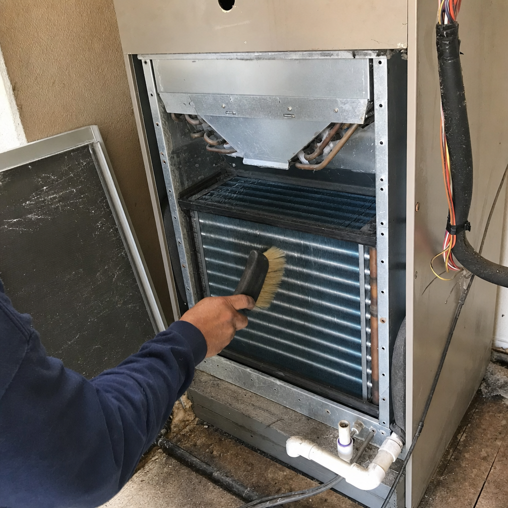 Technician performing professional HVAC coil cleaning and maintenance