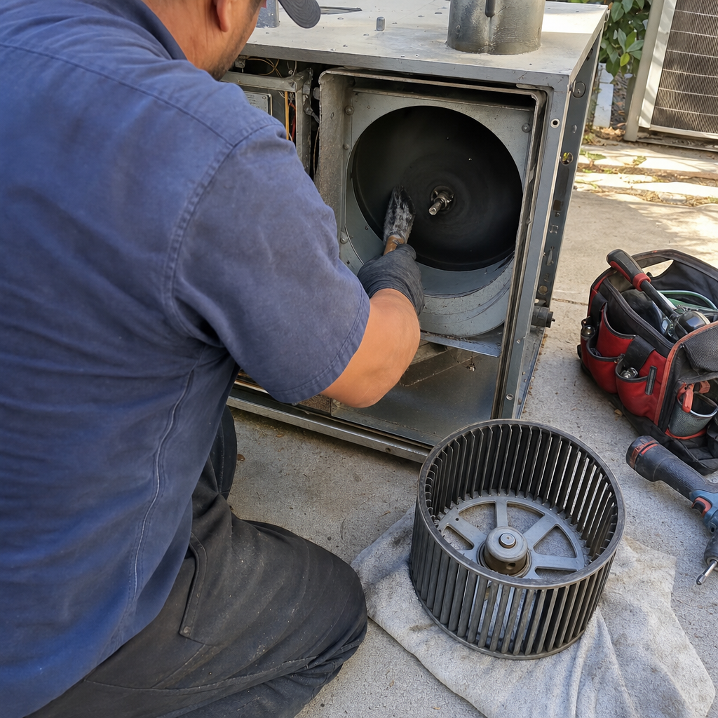 HVAC technician cleaning furnace blower assembly and components with a brush